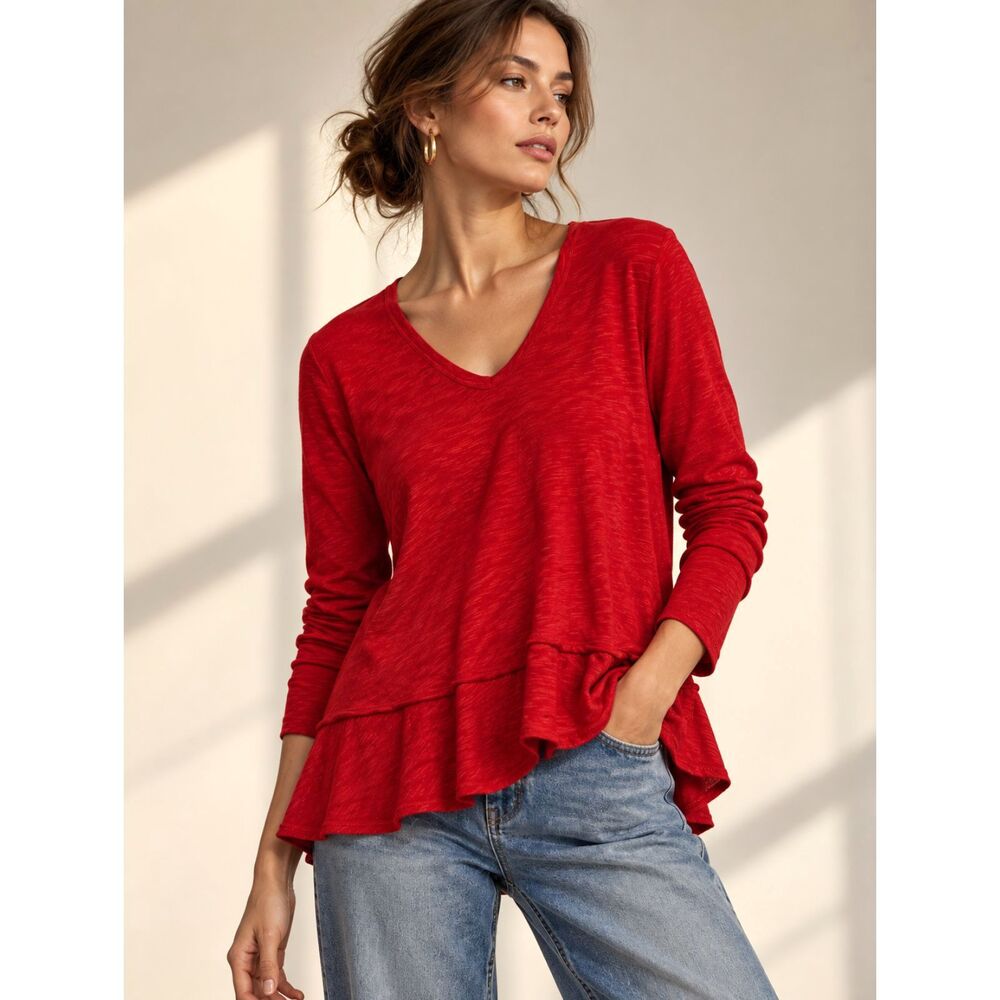 Anthropologie Left of Center Red Cotton V Neck Long Sleeve Peplum Top USA S